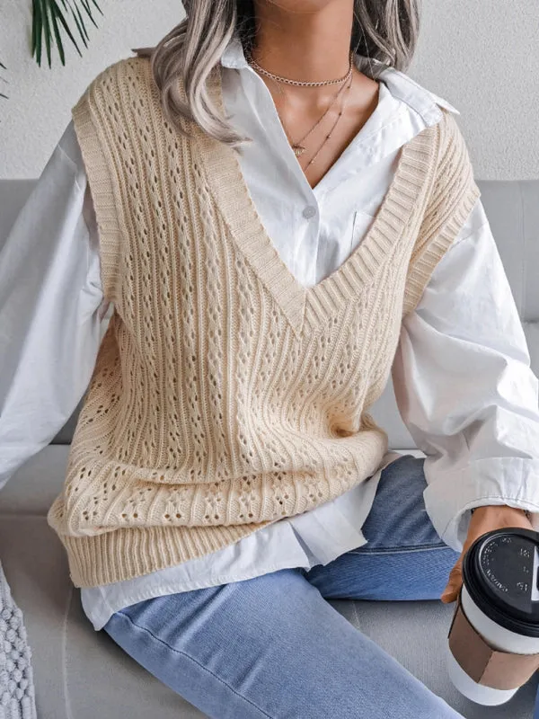 Knitted V Neck Sweater - Twist Cable Knit Vest