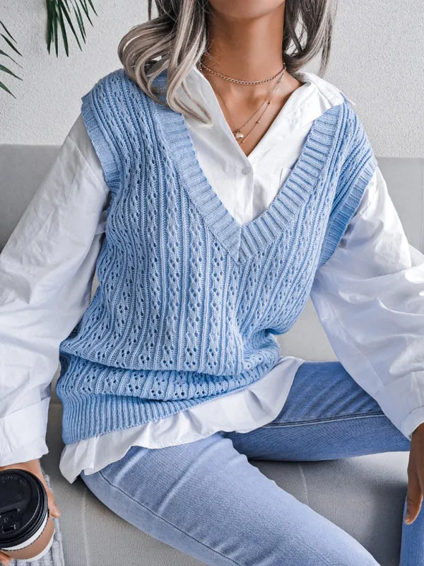 Knitted V Neck Sweater - Twist Cable Knit Vest