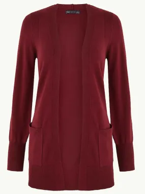 Ladies Burgundy Open Front Patch Pocket Longline Cardigan