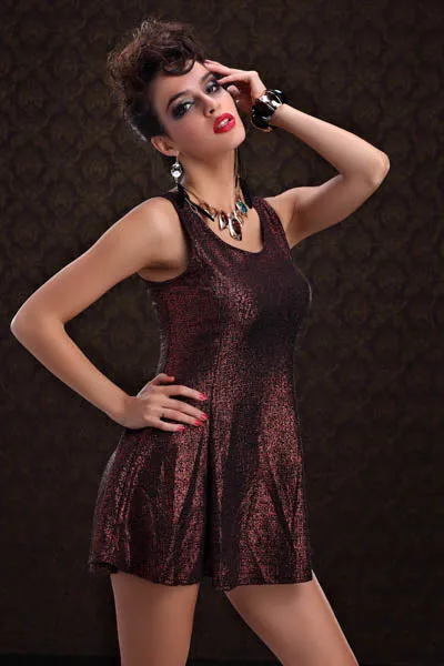 Ladyâ€™s Red Shimmer Metallic Foil Flared Tank Dress Clubwear Ball