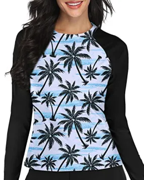 Long Sleeve Rashguard Top Built-In Bra For Women-Black Palm Tree