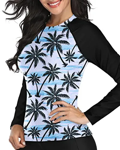 Long Sleeve Rashguard Top Built-In Bra For Women-Black Palm Tree