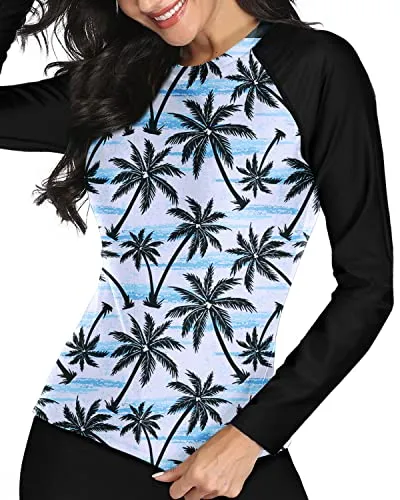 Long Sleeve Rashguard Top Built-In Bra For Women-Black Palm Tree