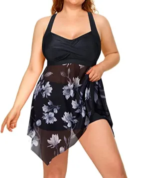 Long Torso Tankini Swimsuits Mesh Skirt And Boyshorts For Women-Black