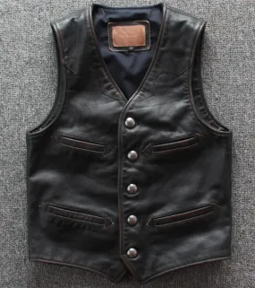 Men Cowhide Genuine Leather Vest  Motorcycle Biker Leather Vests Mens Real Leather Vintage Casual Sleeveless Jackets Waistcoat