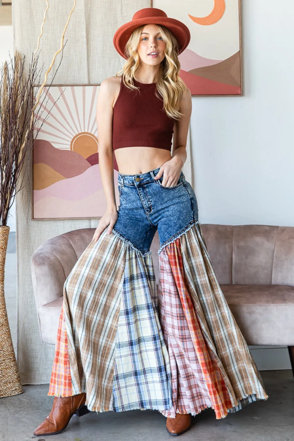 Nashville Party Washed Plaid Patchwork Super Flares