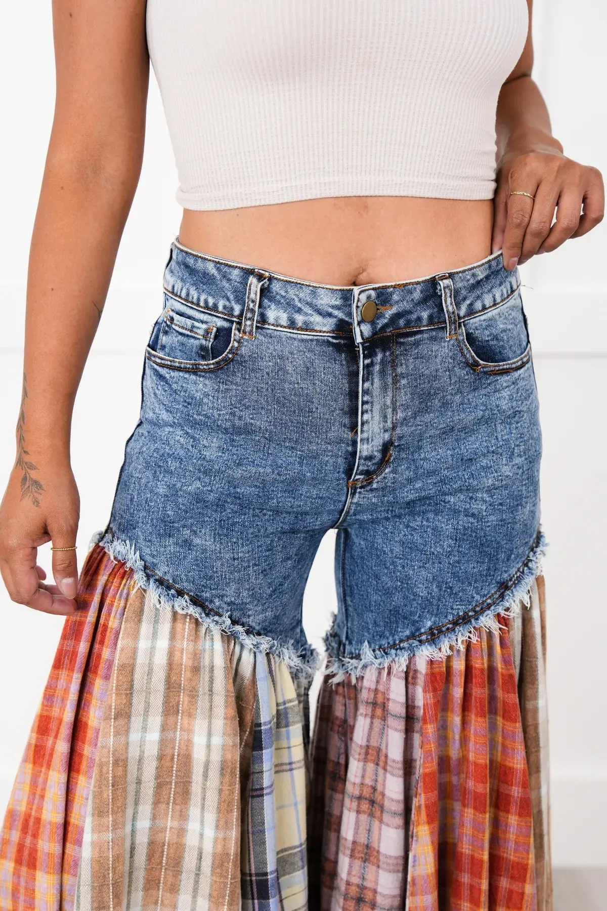 Nashville Party Washed Plaid Patchwork Super Flares