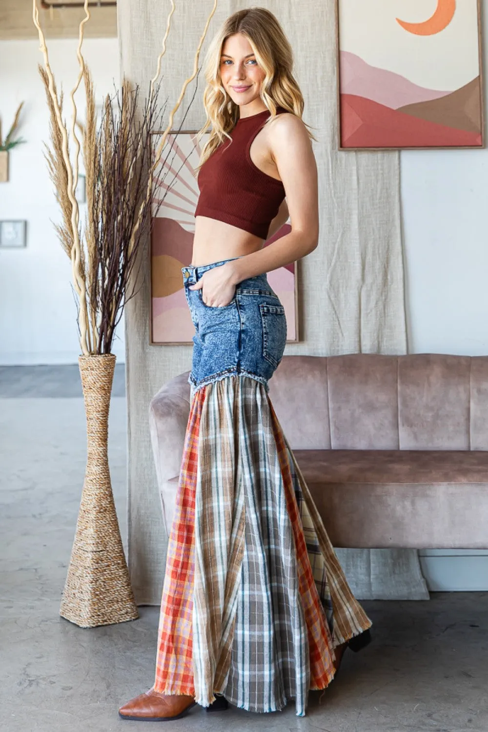 Nashville Party Washed Plaid Patchwork Super Flares