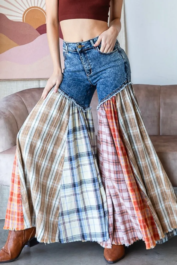 Nashville Party Washed Plaid Patchwork Super Flares