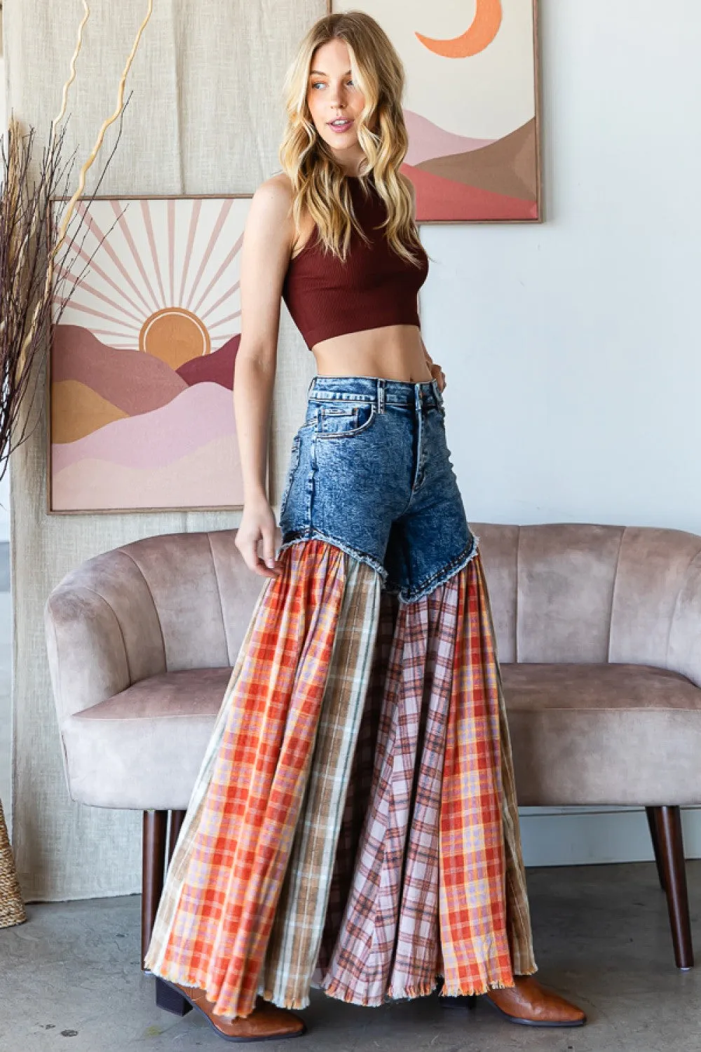 Nashville Party Washed Plaid Patchwork Super Flares