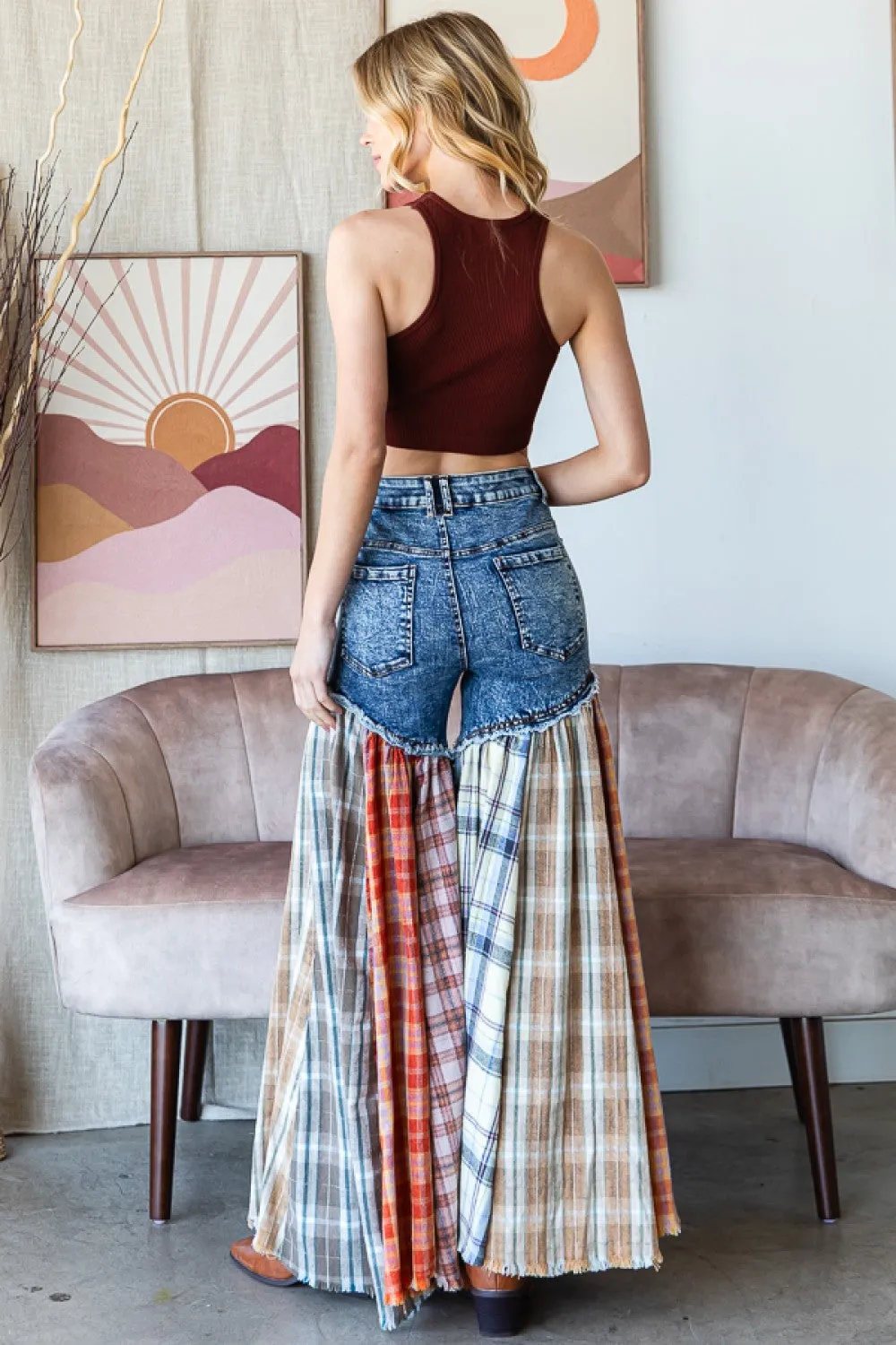 Nashville Party Washed Plaid Patchwork Super Flares