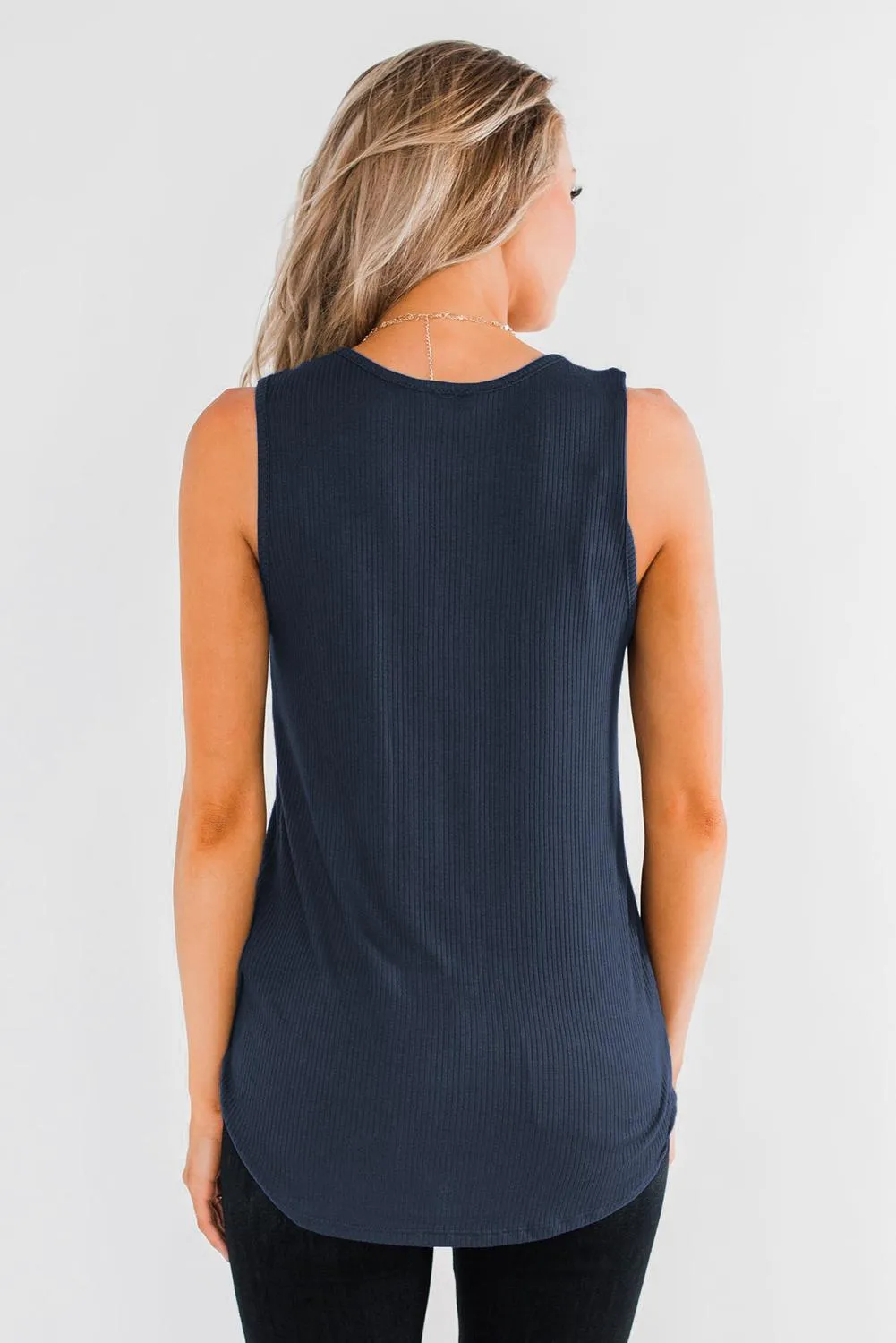Navy Blue Ribbed Button Down V Neck Tank Top