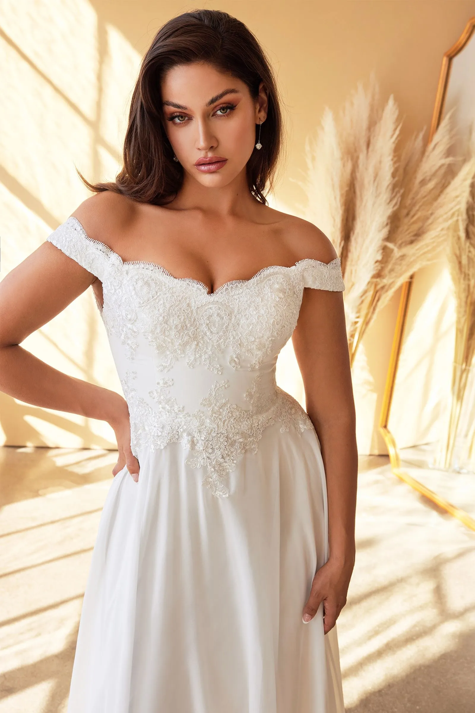 Off the shoulder capped sleeve delicate lace applique wedding gown
