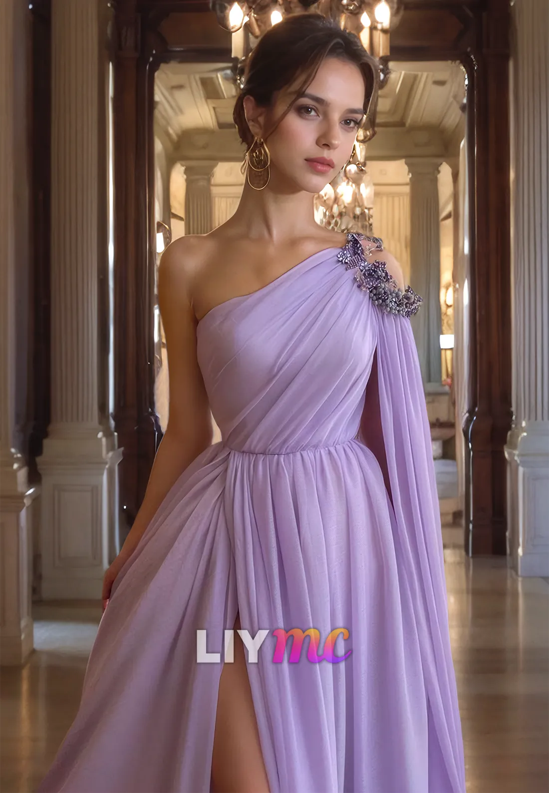 One Shoulder Long Sleeves Chiffon A-Line Prom Dress