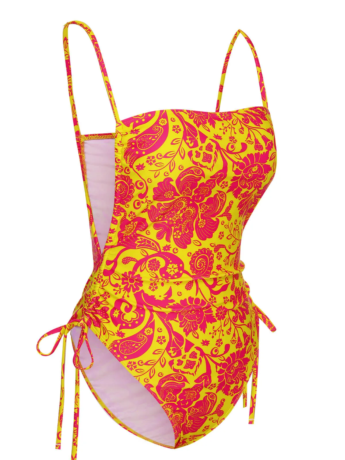 Orange 1950s Russian Floral Drawstring Strap Swimsuit