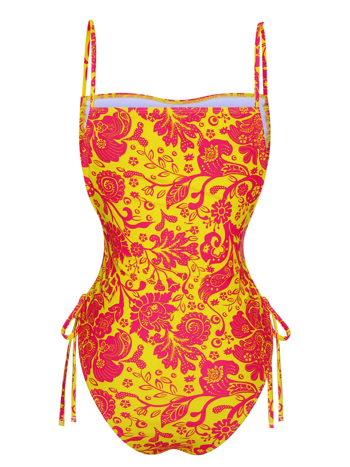 Orange 1950s Russian Floral Drawstring Strap Swimsuit