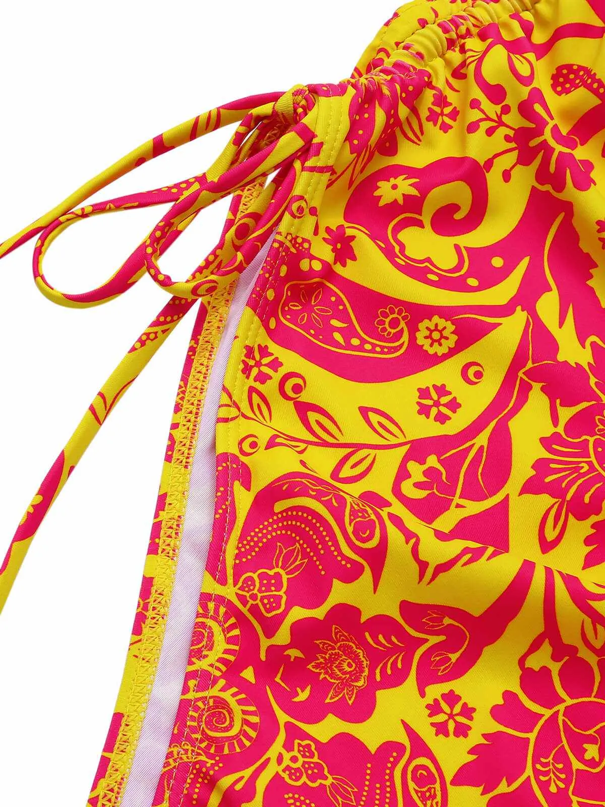 Orange 1950s Russian Floral Drawstring Strap Swimsuit