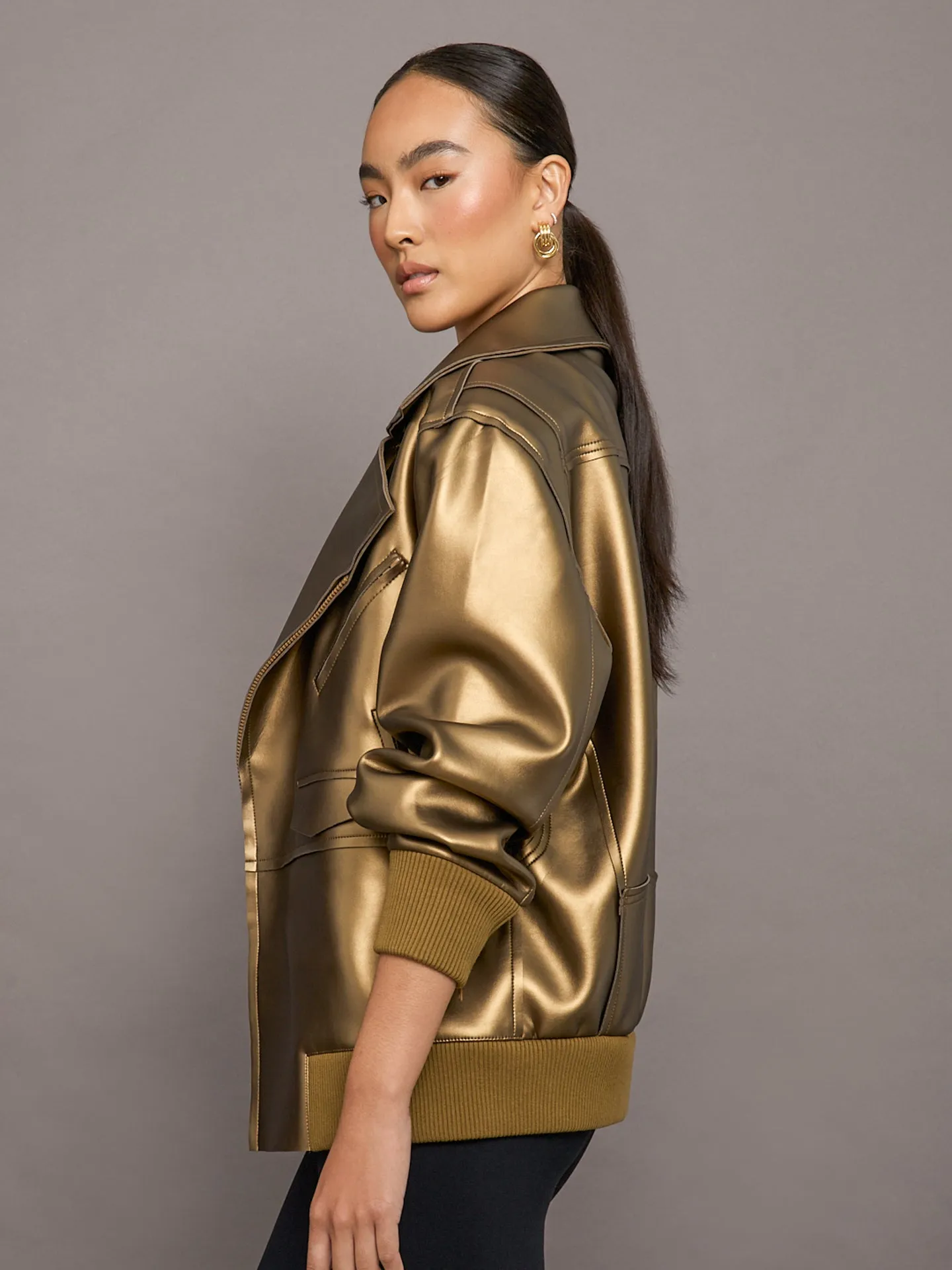 Oversized Moto Jacket - Metallic Bronze