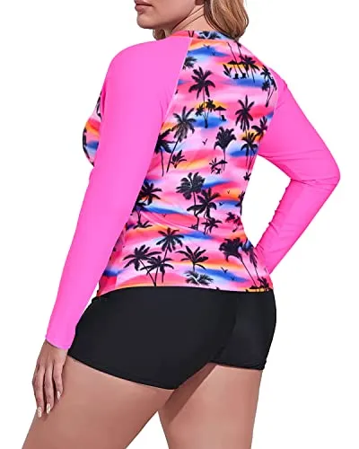 Plus Size Rash Guard Top And Boyshort Swimsuit Set For Women-Pink Palm