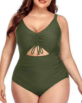 Plus Size Tummy Control Cutout One Piece Swimsuit-Army Green