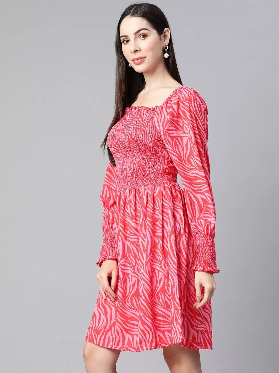 plusS Pink Smocked Printed Fit  Flare Dress