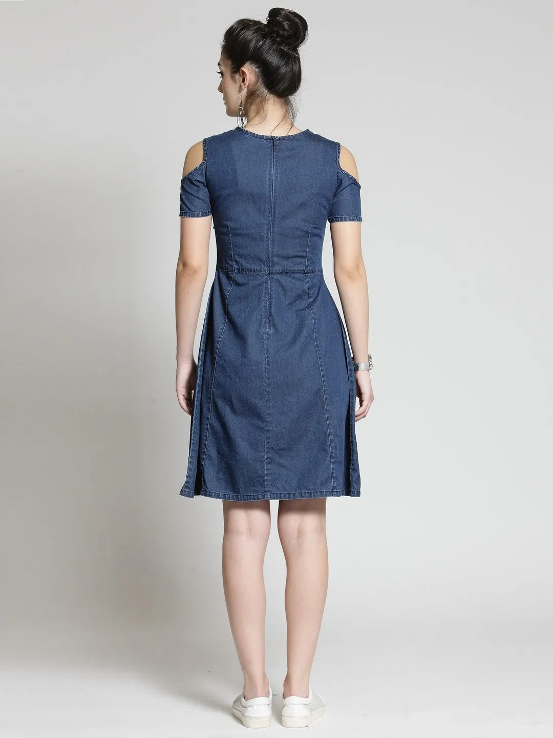 plusS Women Blue Denim Embellished Fit and Flare Dress
