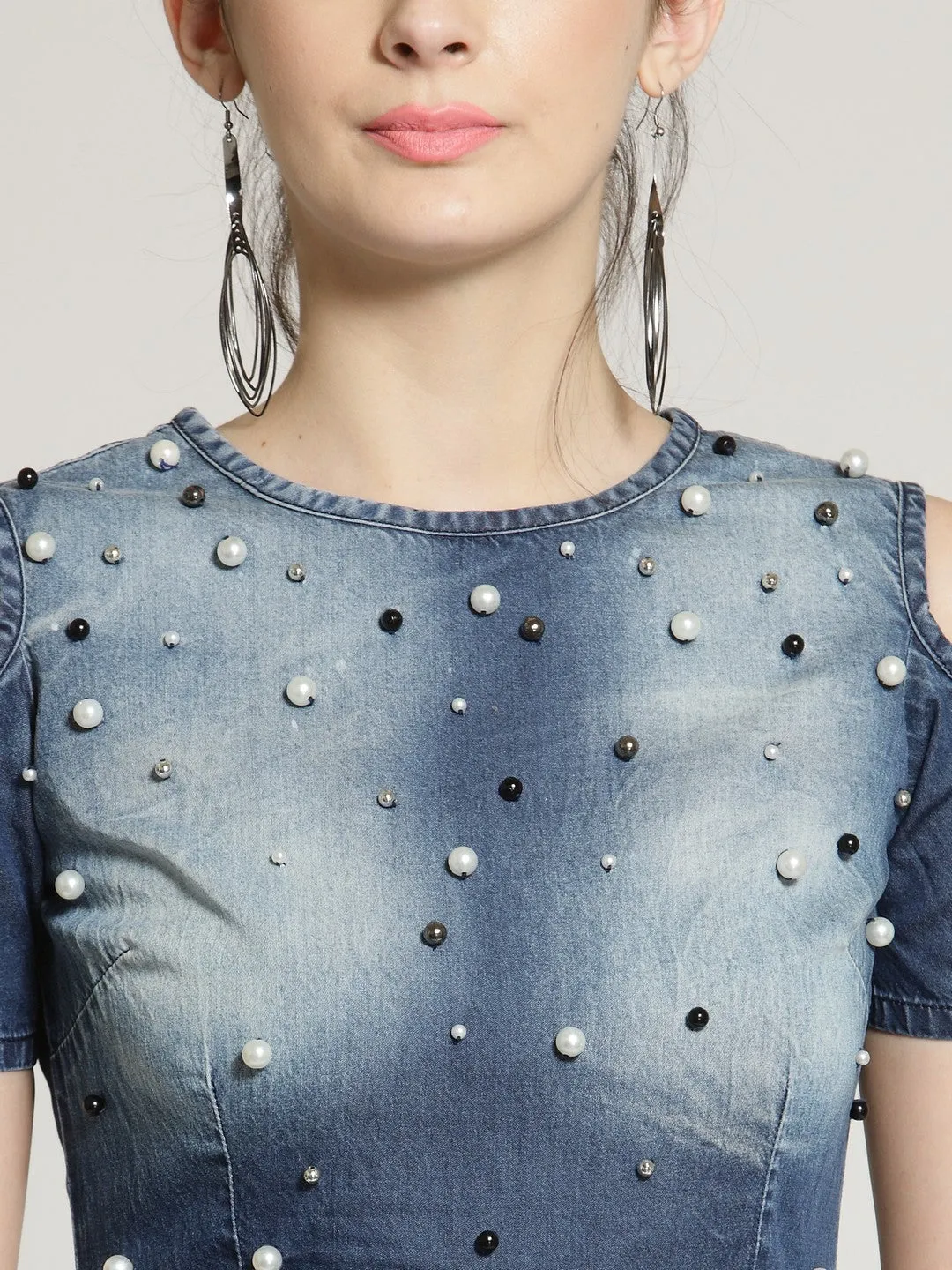 plusS Women Blue Denim Embellished Fit and Flare Dress
