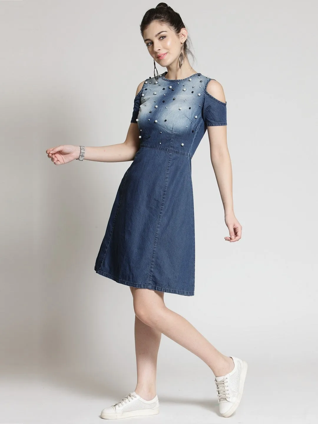 plusS Women Blue Denim Embellished Fit and Flare Dress