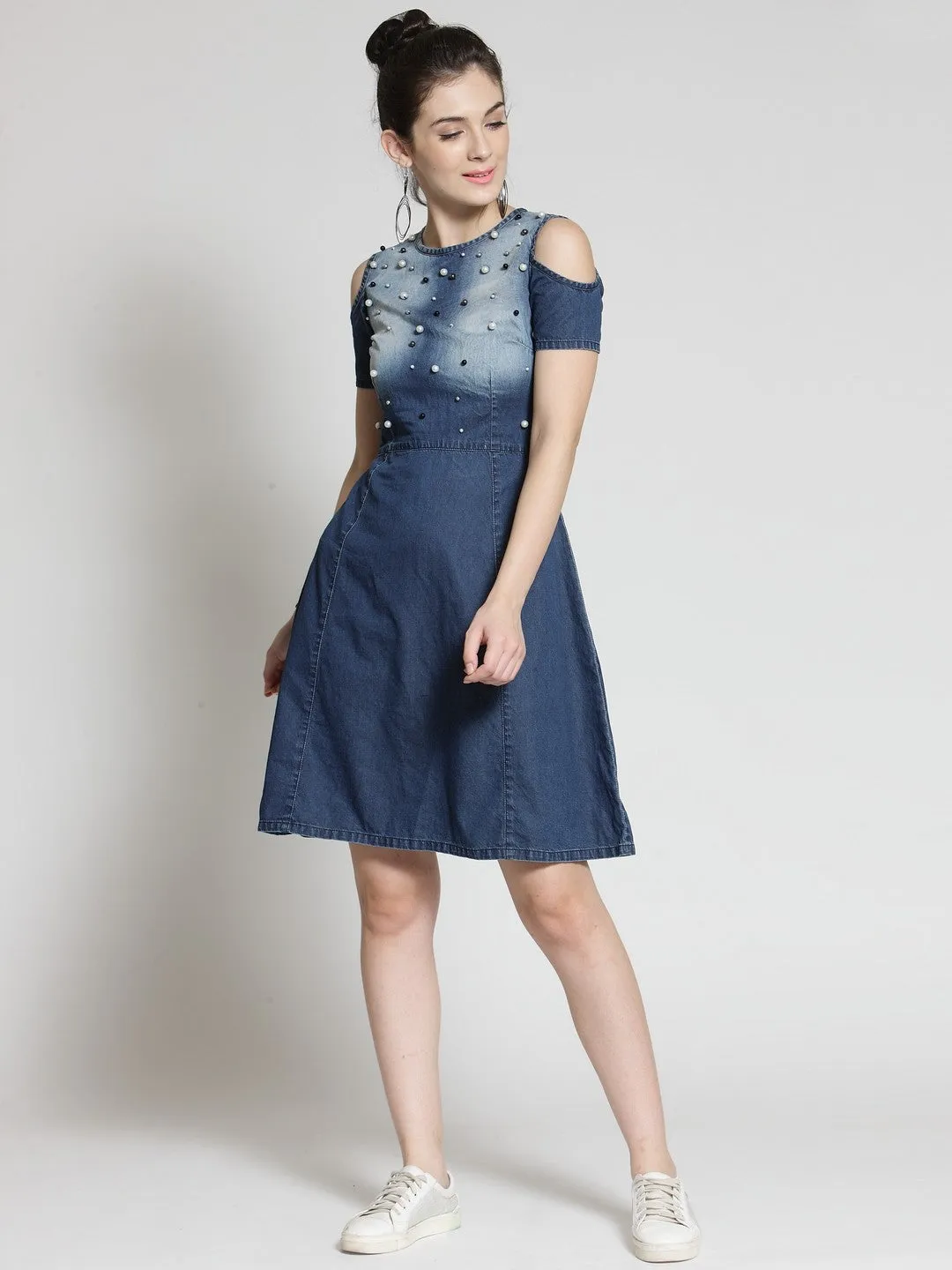 plusS Women Blue Denim Embellished Fit and Flare Dress