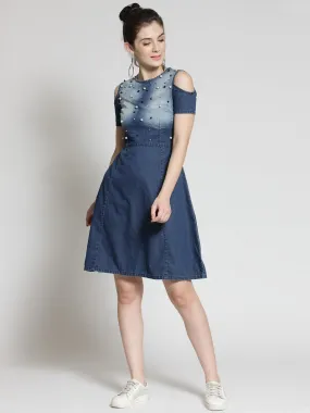 plusS Women Blue Denim Embellished Fit and Flare Dress