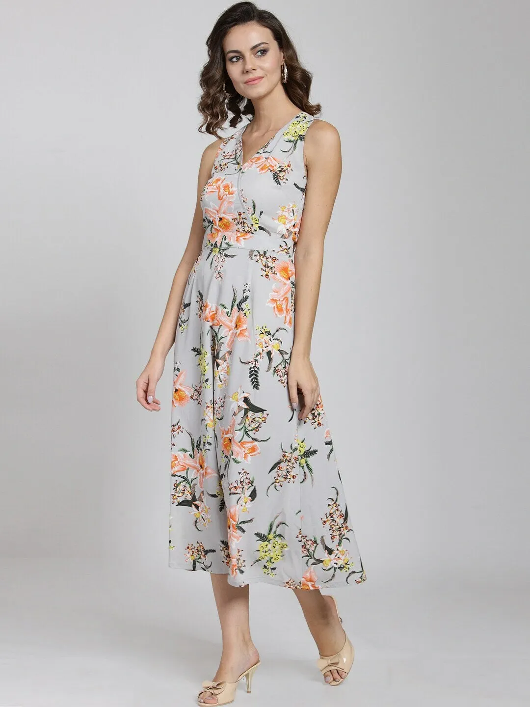 plusS Women Grey Printed Fit and Flare Dress