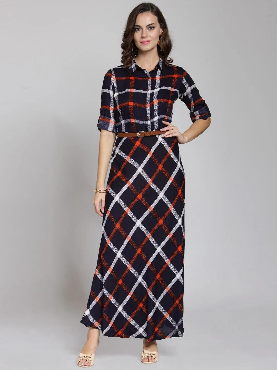 plusS Women Navy Blue  Orange Checked Maxi Dress