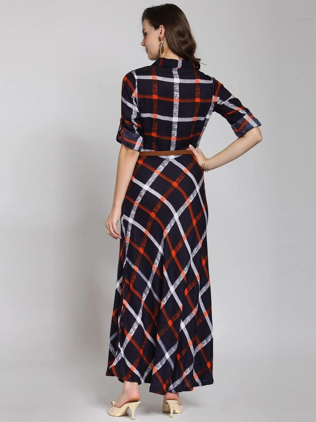 plusS Women Navy Blue  Orange Checked Maxi Dress