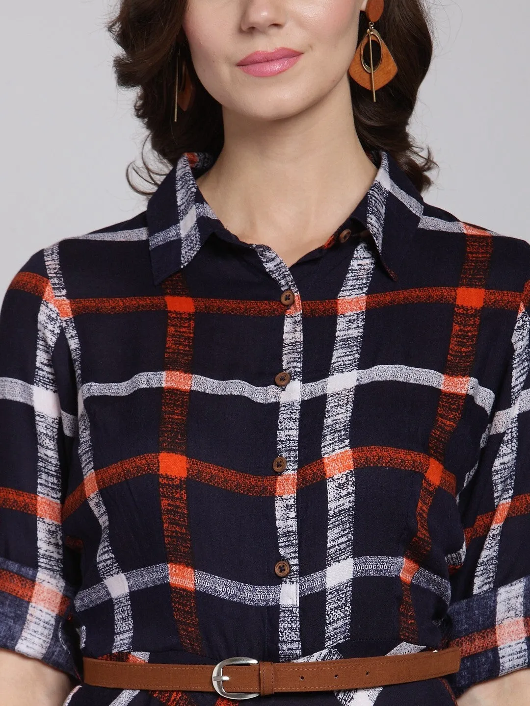 plusS Women Navy Blue  Orange Checked Maxi Dress