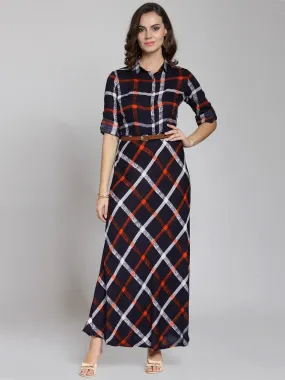 plusS Women Navy Blue  Orange Checked Maxi Dress