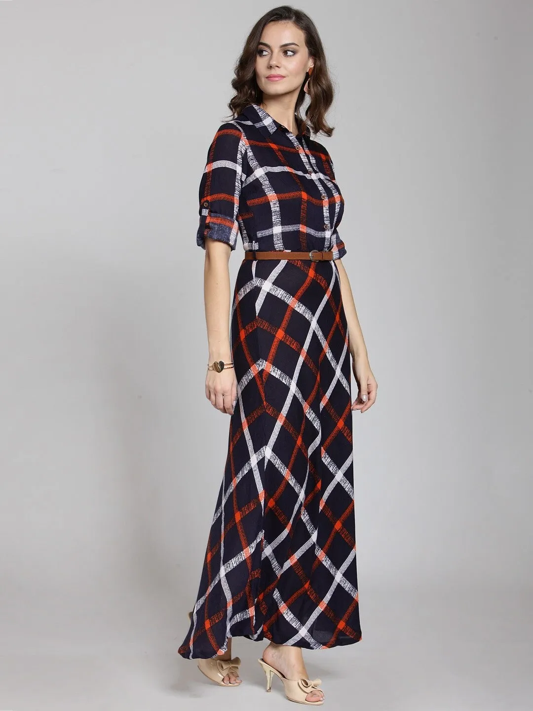 plusS Women Navy Blue  Orange Checked Maxi Dress
