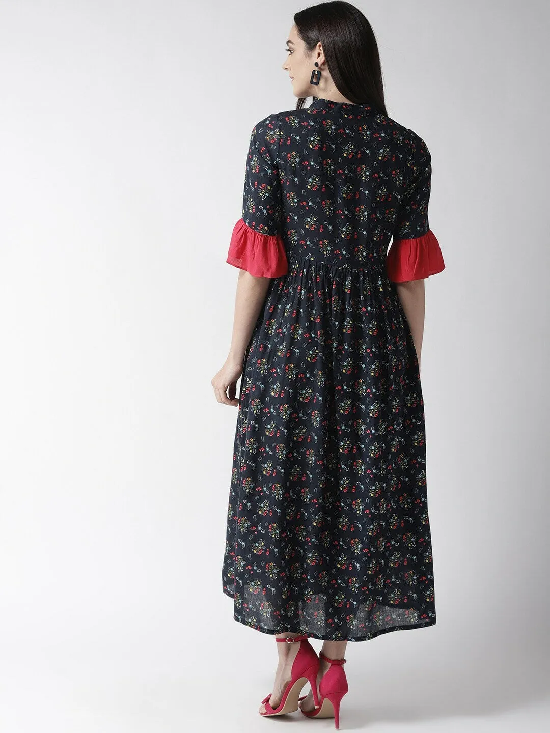 plusS Women Navy Blue  Pink Floral Print Maxi Dress