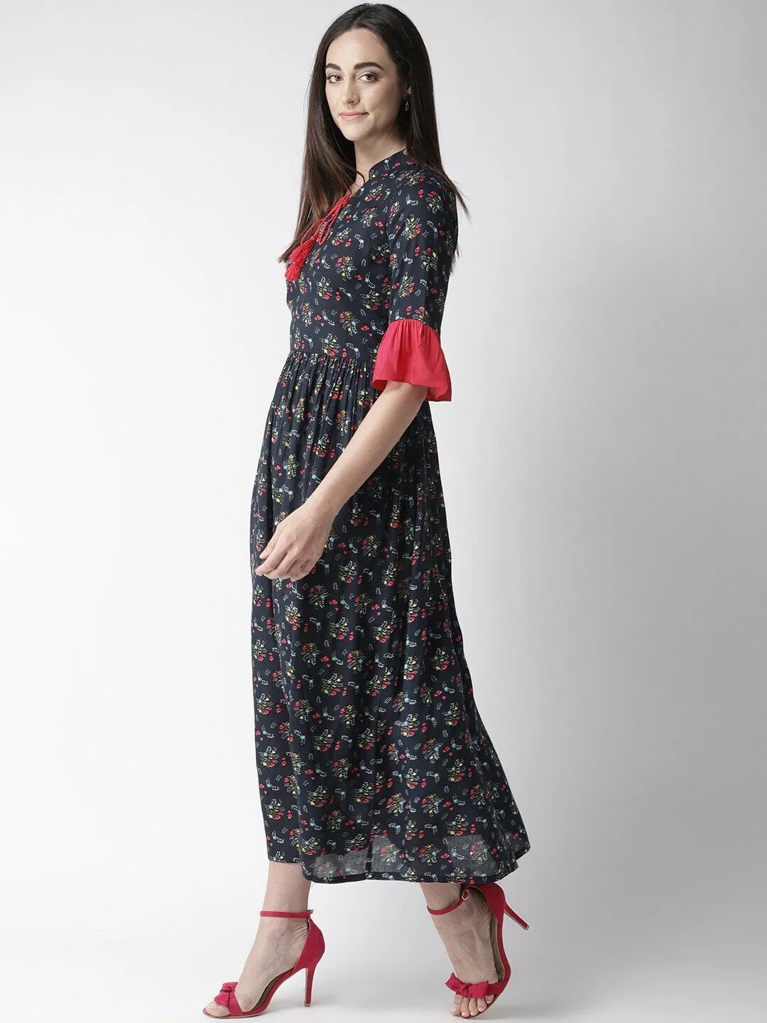 plusS Women Navy Blue  Pink Floral Print Maxi Dress