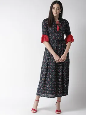 plusS Women Navy Blue  Pink Floral Print Maxi Dress