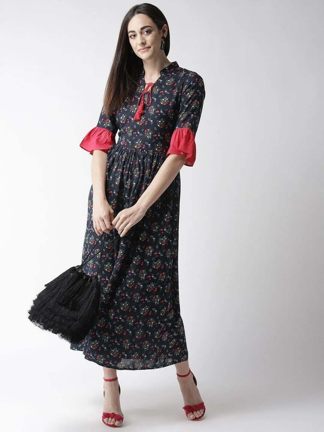 plusS Women Navy Blue  Pink Floral Print Maxi Dress