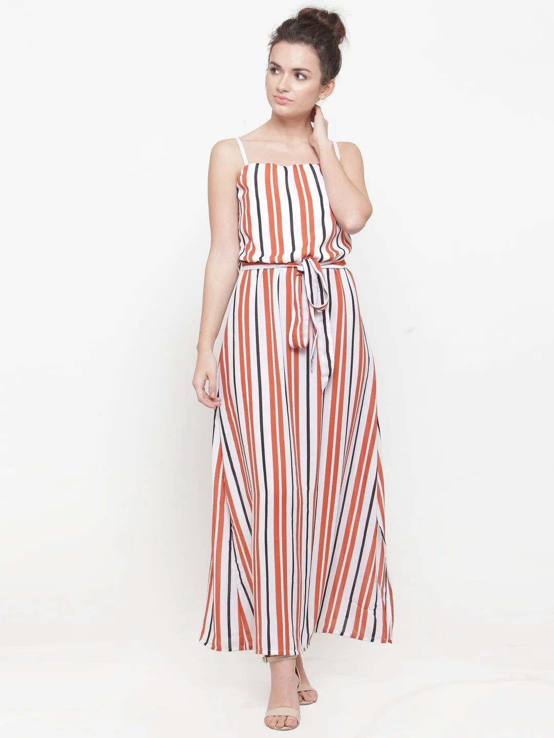 plusS Women White  Orange Striped Maxi Dress
