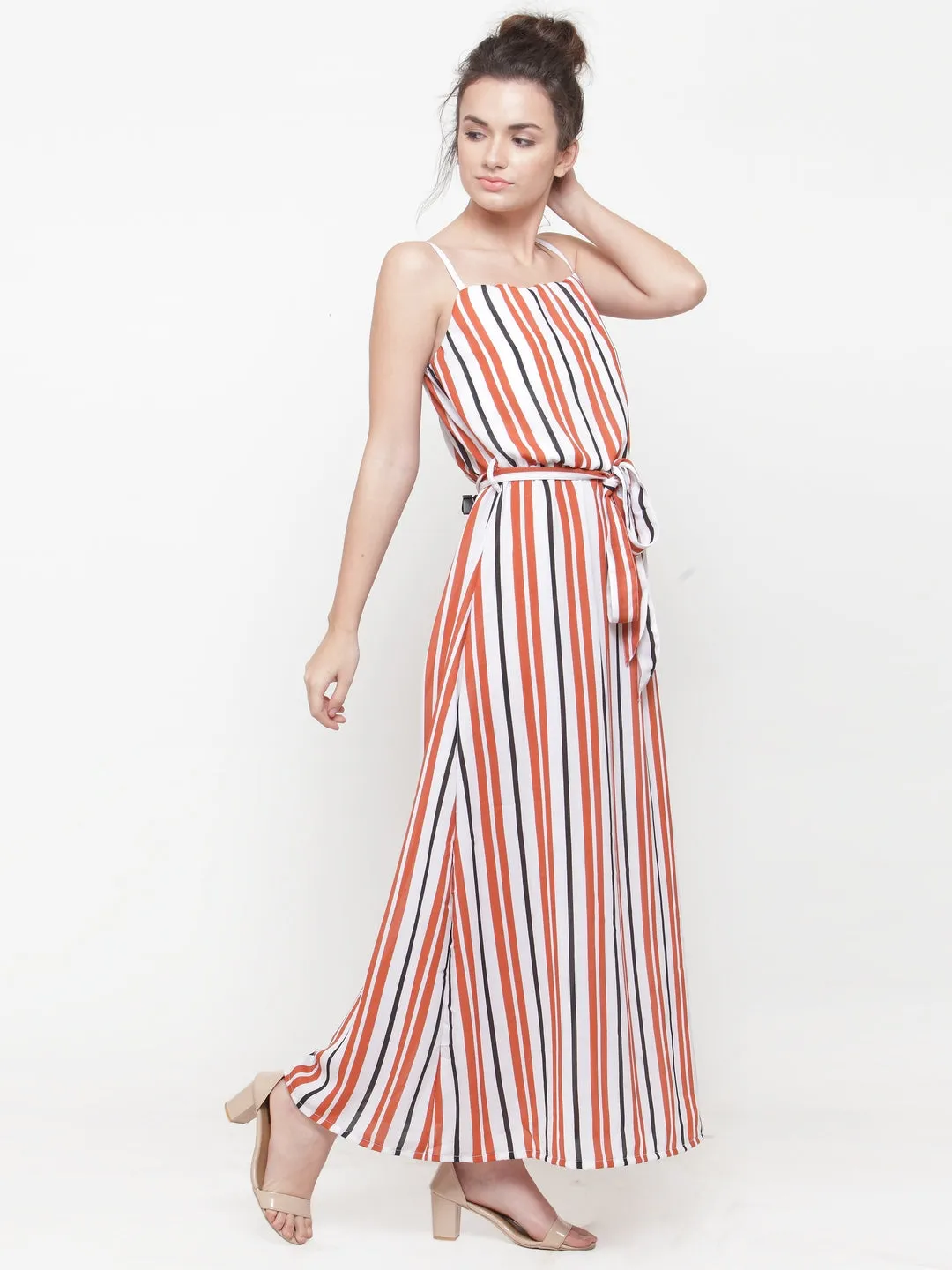 plusS Women White  Orange Striped Maxi Dress