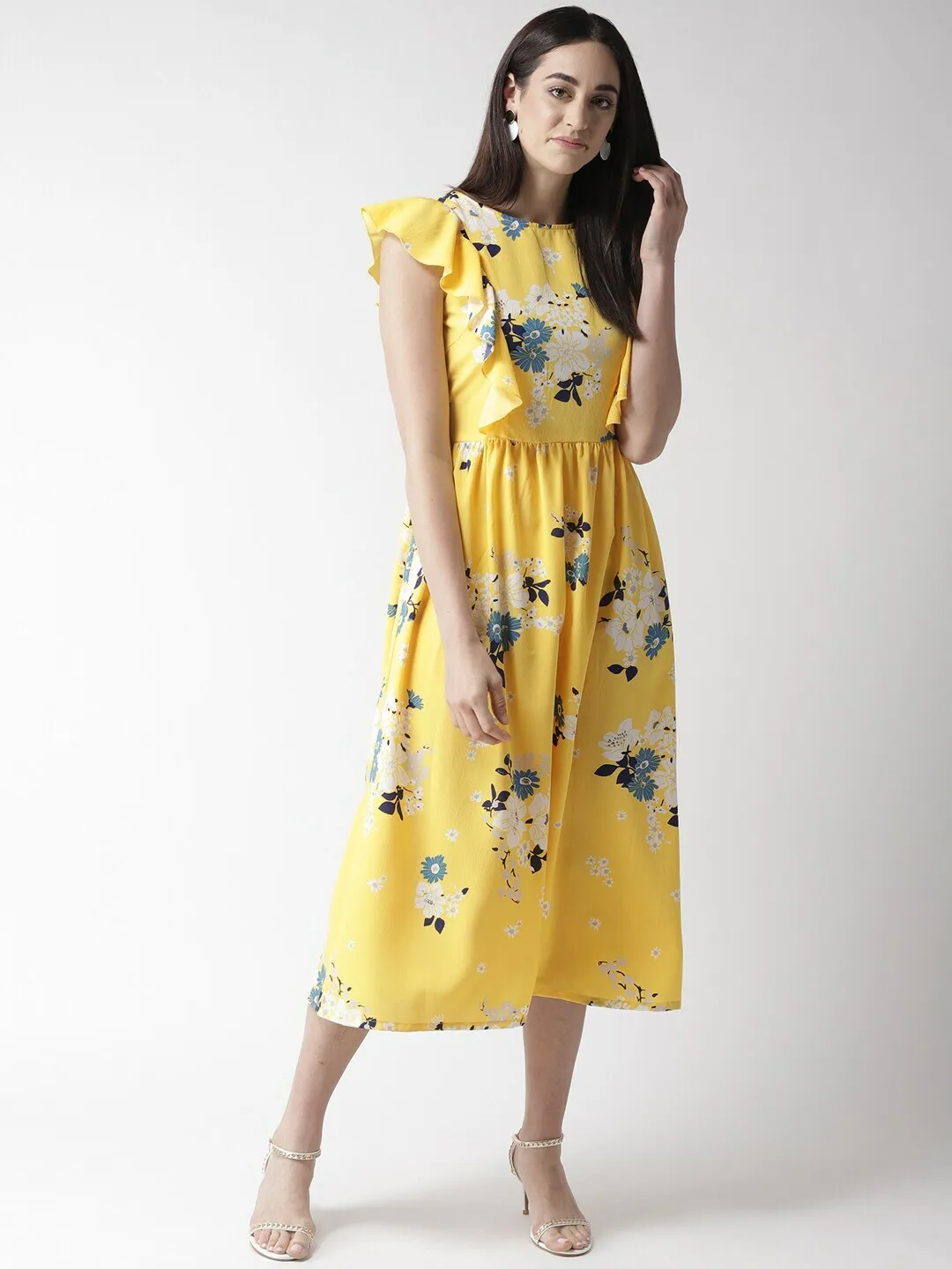 plusS Women Yellow  White Floral Print Fit  Flare Dress