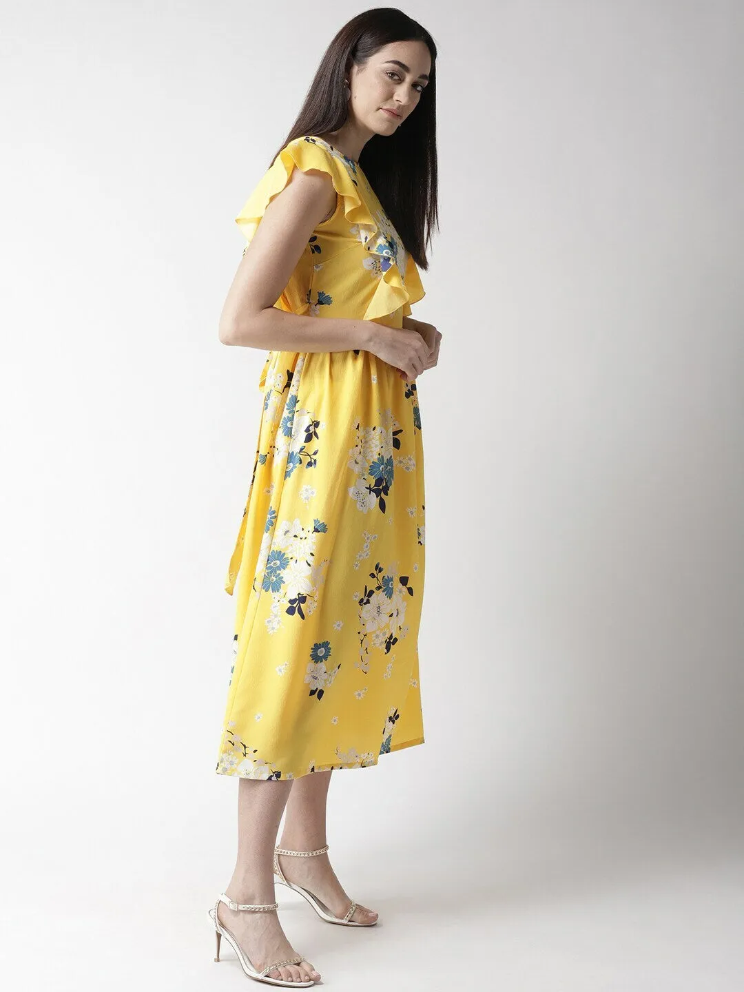 plusS Women Yellow  White Floral Print Fit  Flare Dress