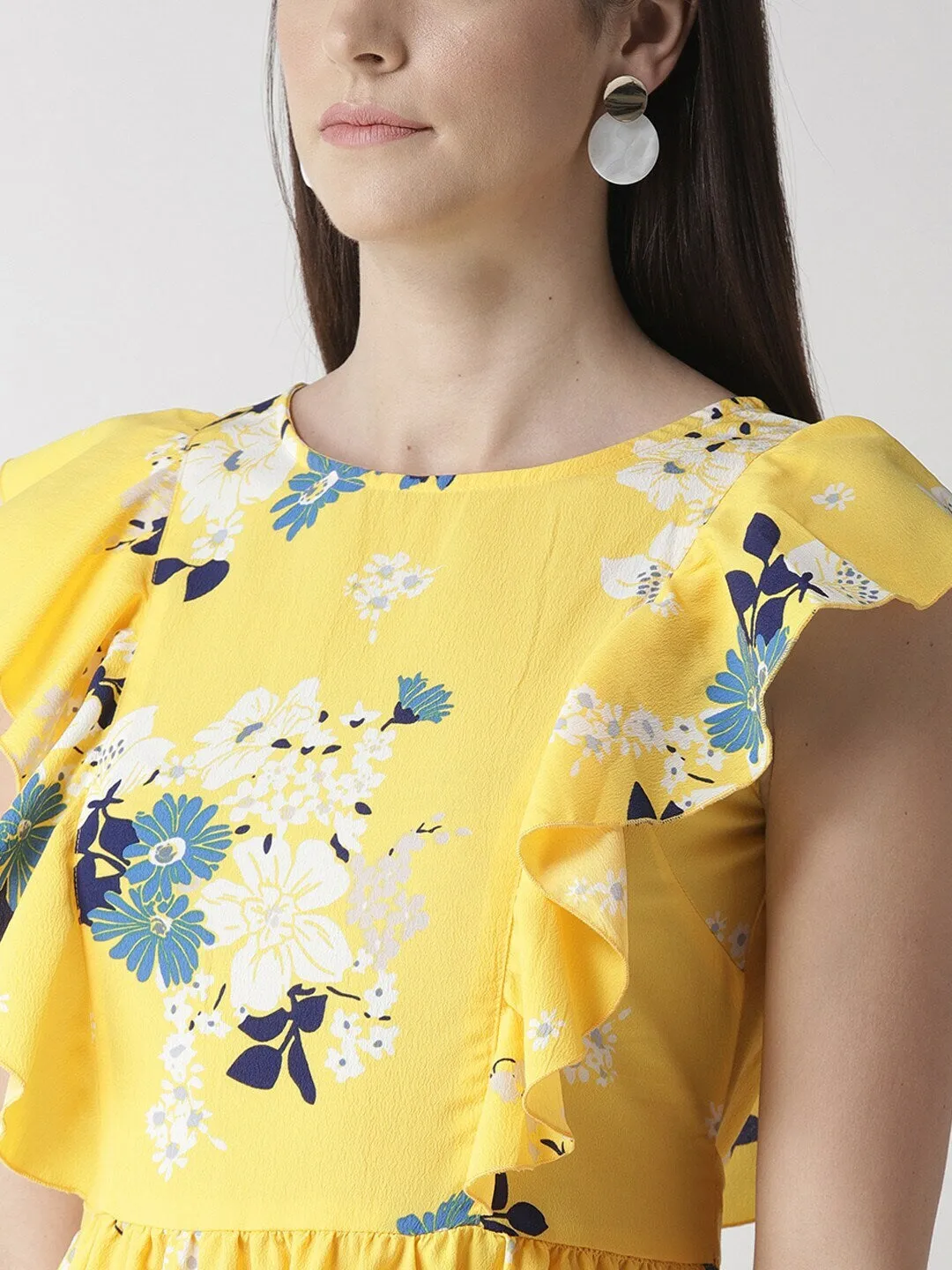 plusS Women Yellow  White Floral Print Fit  Flare Dress