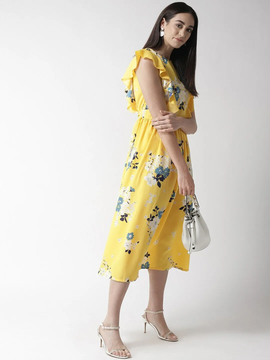 plusS Women Yellow  White Floral Print Fit  Flare Dress