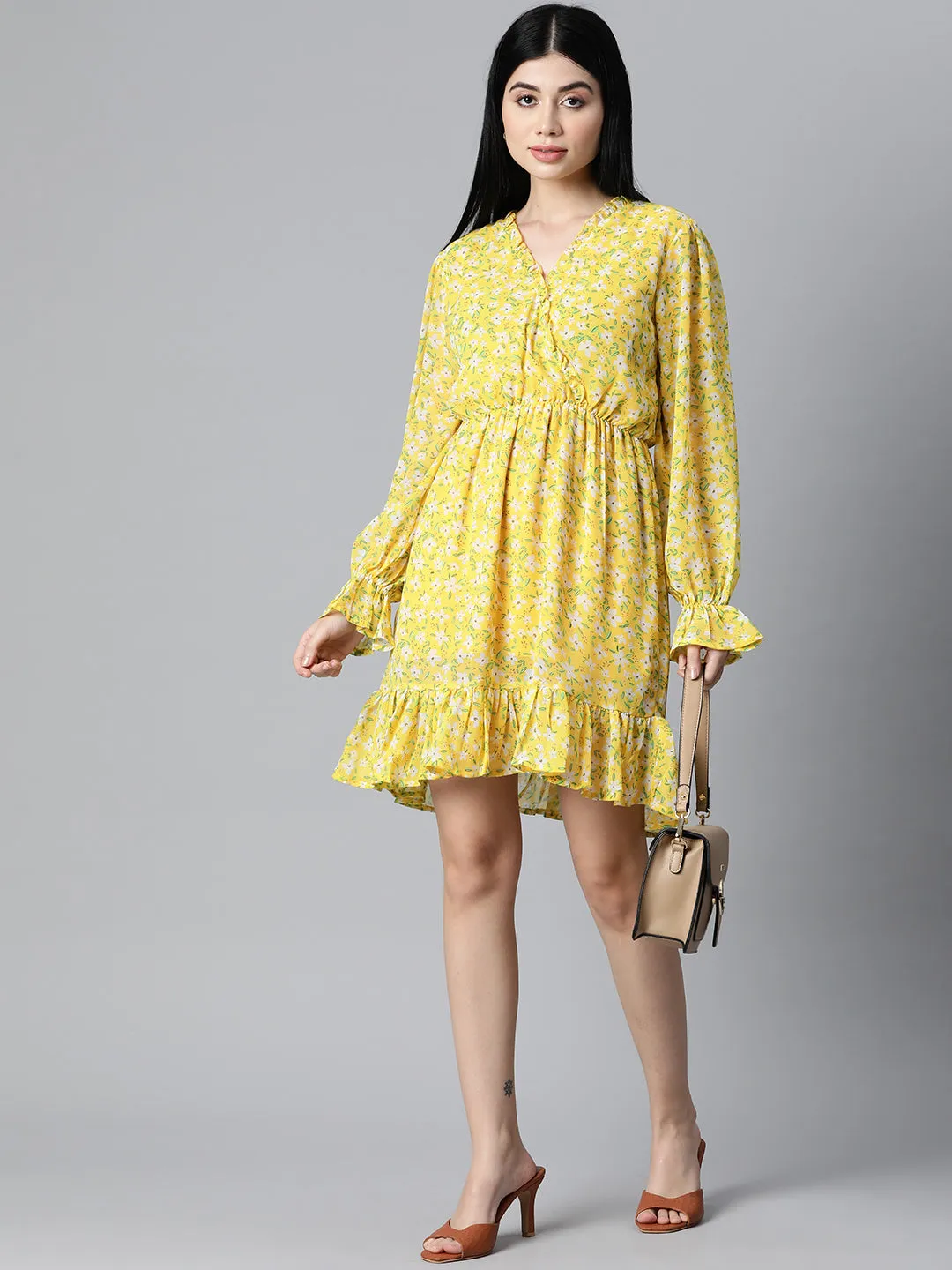 plusS Women Yellow  White Floral Printed Bell Sleeves Dress with Ruffle Detail