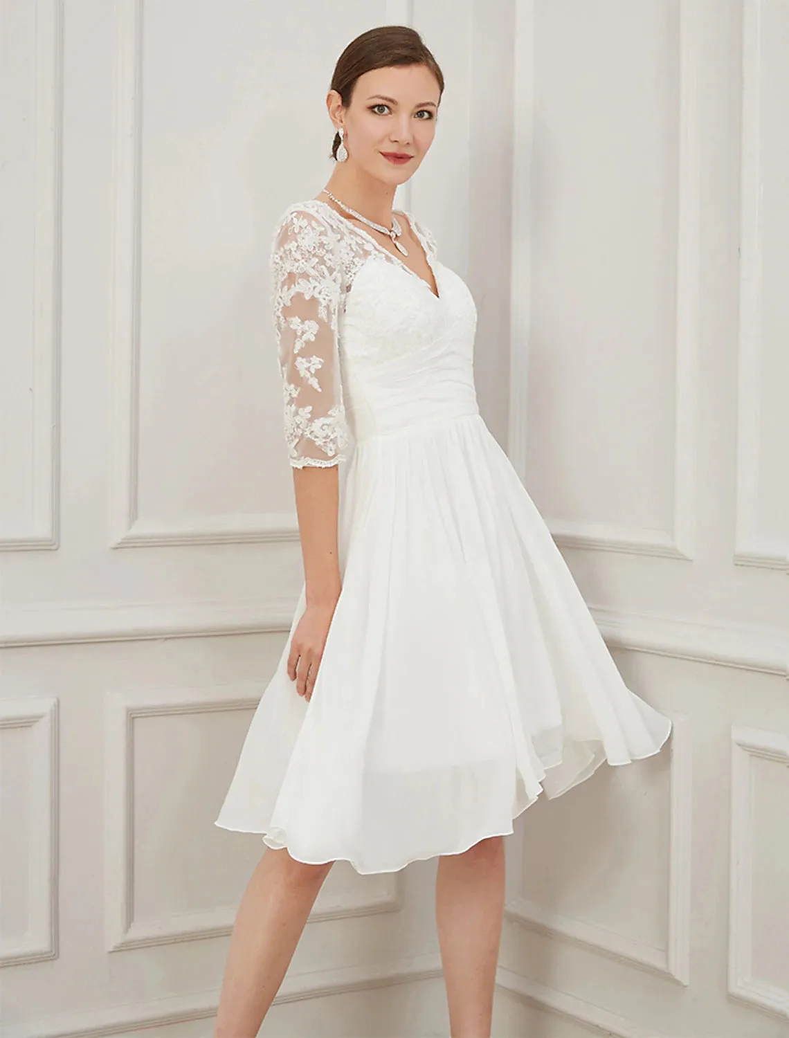 Reception Little White Dresses Wedding Dresses A-Line V Neck Half Sleeve Knee Length Chiffon Bridal Gowns With Draping Appliques 2023 Summer Wedding Party