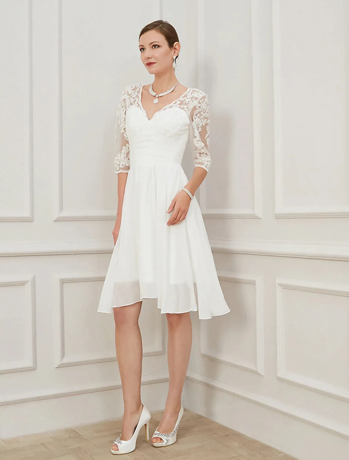 Reception Little White Dresses Wedding Dresses A-Line V Neck Half Sleeve Knee Length Chiffon Bridal Gowns With Draping Appliques 2023 Summer Wedding Party