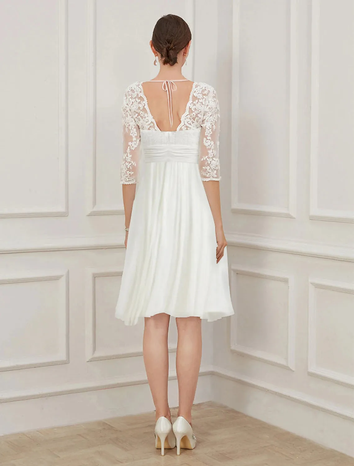 Reception Little White Dresses Wedding Dresses A-Line V Neck Half Sleeve Knee Length Chiffon Bridal Gowns With Draping Appliques 2023 Summer Wedding Party